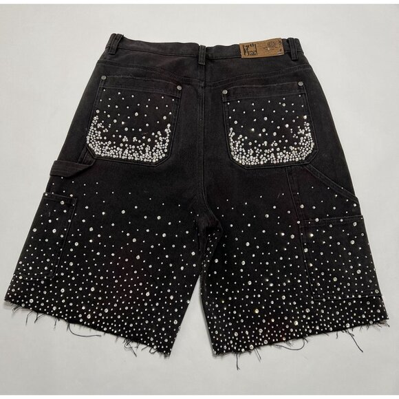 Birth of Royal Child Crystal-embellished Washed-Denim Shorts in Black - Picture 4 of 5